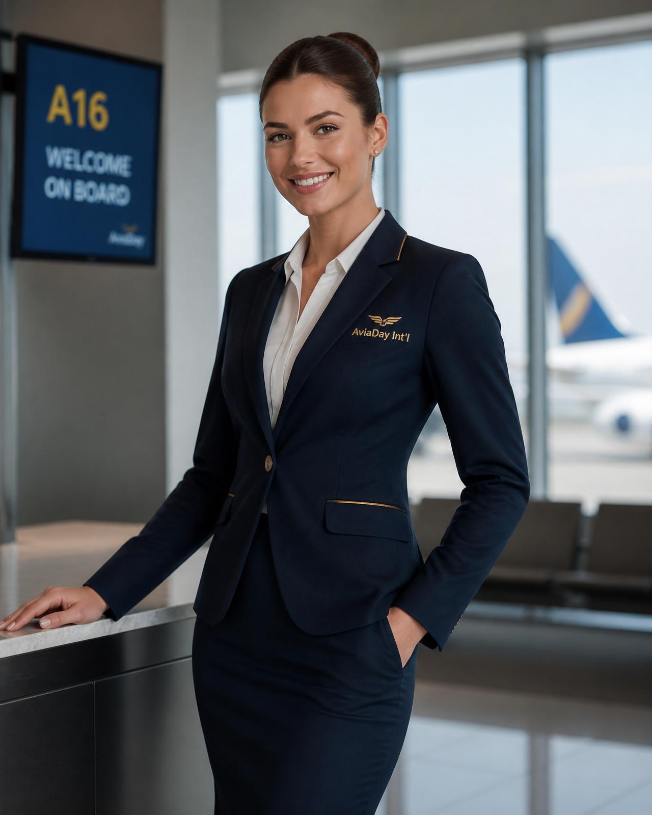 AviaDay International cabin crew professional in navy and gold uniform
